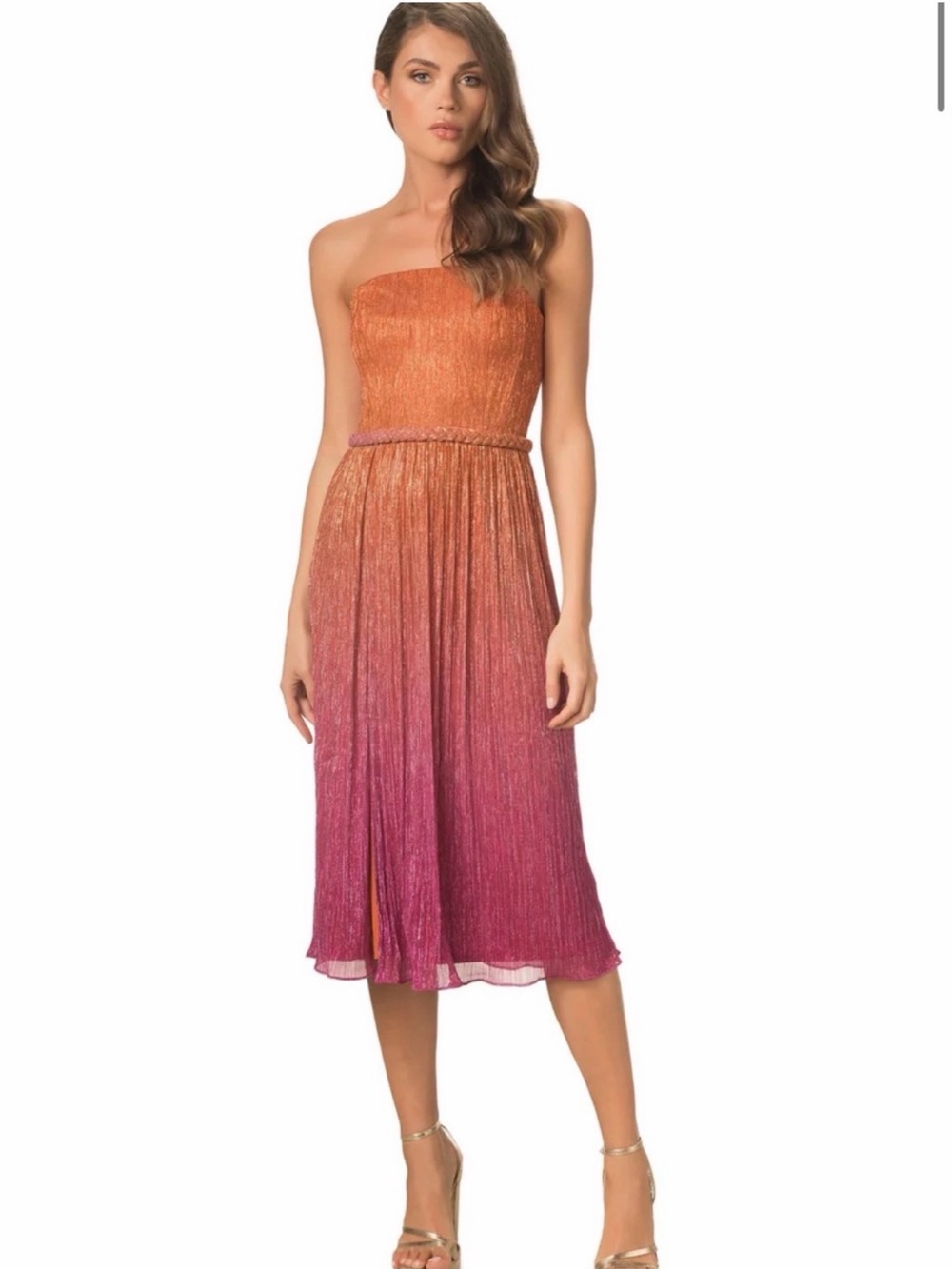 Dress the Population Strapless Ombre Midi Dress in Orange and Pink